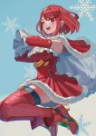  1girl alternate_costume bag bangs blush breasts commentary_request dress earrings elbow_gloves gloves gxp highres holding holding_bag jewelry large_breasts looking_at_viewer pyra_(xenoblade) red_eyes red_hair santa_costume short_hair snowflakes solo strapless strapless_dress swept_bangs thighhighs tiara xenoblade_chronicles_(series) xenoblade_chronicles_2 