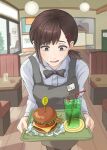  1girl apron bow bowtie brown_hair burger chainsaw_man collared_shirt commentary diner food french_fries hair_ornament hairclip higashiyama_kobeni highres looking_away medium_hair mole mole_under_eye mole_under_mouth multiple_moles ron_jin_(longines_csm) shirt short_ponytail soda solo sweat tray white_shirt 