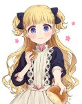  1girl apron bangs black_bow black_dress blonde_hair blue_eyes blunt_bangs blush bow bread bread_bun cowboy_shot dress eating emilico_(shadows_house) flower_(symbol) food food_on_face hair_bow highres holding holding_food incoming_food kaminokefusa long_hair looking_at_viewer maid_apron shadows_house simple_background smile solo two_side_up wavy_hair white_apron white_background 