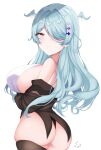  +_+ 1girl absurdres aqua_eyes arms_under_breasts ass back bare_shoulders blue_hair breasts cowboy_shot dragon_girl elira_pendora from_behind hair_intakes hair_over_one_eye head_wings highres large_breasts leon_decarabia long_hair looking_at_viewer looking_back nijisanji nijisanji_en sideboob signature simple_background smile solo thong undressing virtual_youtuber white_background 