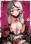  1girl :d absurdres bangs bare_shoulders between_legs black_collar black_gloves black_hair black_jacket blush braid breasts cleavage collar cover cover_page doujin_cover fang gloves grey_hair hair_ornament hairclip hand_between_legs heart_collar highres hololive jacket long_hair looking_at_viewer medium_breasts miniskirt multicolored_hair namagome_negi plaid plaid_skirt pleated_skirt red_eyes revision sakamata_chloe second-party_source shirt skirt smile solo strap_pull streaked_hair thighhighs torn_clothes torn_thighhighs virtual_youtuber white_shirt x_hair_ornament 