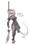  anthro braided_hair breasts clothed clothing colored female full-length_portrait fur glaive grey_body grey_fur grey_tunic hair hi_res mammal melee_weapon murid murine naginata nipple_outline polearm portrait rat red_eyes rodent simple_background skaven skykain solo standing warhammer_(franchise) weapon white_hair 
