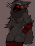  anthro arm_warmers armwear black_and_red breasts clothing female fur grey_body grey_fur hair hand_on_hip kaiju_paradise legwear long_hair long_tail machine protogen smirking_at_viewer solo thick_thighs thigh_highs 