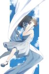  1girl adjusting_hair alternate_costume arm_up astrayin bangs bare_arms bare_shoulders blue_sky brown_hair cloud dress foot_out_of_frame from_side haibara_ai hand_up highres looking_down meitantei_conan shoes short_hair sky solo watermark white_dress 