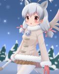  1girl animal_ear_fluff animal_ears antenna_hair antlers bangs bell blurry blurry_background blush breasts brown_eyes brown_jacket brown_skirt commentary_request depth_of_field fur-trimmed_jacket fur-trimmed_sleeves fur_trim gloves grey_hair hair_between_eyes highres jacket kemono_friends long_hair long_sleeves low_twintails medium_breasts neck_bell night night_sky outdoors pleated_skirt red_gloves shin01571 skirt sky snow snowing solo tree twintails white_reindeer_(kemono_friends) 