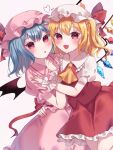  2girls :d ascot bat_wings black_wings blonde_hair blue_hair crystal fang flandre_scarlet hat hat_ribbon heart multiple_girls one_side_up open_mouth pink_headwear pink_shirt pink_skirt puffy_short_sleeves puffy_sleeves red_ribbon red_skirt red_vest remilia_scarlet ribbon shirt short_hair short_sleeves siblings simple_background siomi_403 sisters skirt smile touhou vest white_background white_headwear white_shirt wings wrist_cuffs yellow_ascot 