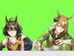  2girls animal_ears ascot brooch brown_eyes brown_hair closed_mouth fork green_background green_jacket hair_ornament highres holding holding_fork horse_ears jacket jewelry kitasan_black_(umamusume) long_hair long_sleeves looking_down medium_hair multicolored_hair multiple_girls red_eyes ruukii_drift satono_diamond_(umamusume) simple_background streaked_hair umamusume 