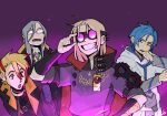  4boys axel_syrios black_coat black_hair black_jacket black_shirt blonde_hair blue_eyes blue_hair coat ear_piercing gigglepox glasses gloves goggles grey_hair grin highres holostars holostars_english holotempus jacket long_hair long_sleeves magni_dezmond male_focus mole mole_under_mouth multicolored_hair multiple_boys noir_vesper piercing pointy_ears purple_hair purple_shirt red_hair regis_altare shirt short_hair smile streaked_hair virtual_youtuber white_jacket 