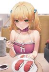  1girl 1other absurdres bangs bare_shoulders blonde_hair blush breasts chopsticks cleavage food food_on_face green_eyes highres looking_at_viewer nigirizushi original plate pov small_breasts soy_sauce sushi twintails wasabi wet.elephant 