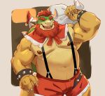  2022 absurd_res anthro beard biceps bottomwear bowser bracelet christmas christmas_clothing christmas_headwear clothing facial_hair hair hat headgear headwear hi_res holidays horn jewelry koopa lhjal2 looking_at_viewer male manly mario_bros musclegut muscular nintendo nipples one_eye_closed open_mouth pecs red_hair sack santa_hat scalie sharp_teeth shorts simple_background slightly_chubby smily solo spiked_bracelet spikes standing suspenders teeth triceps video_games wink 