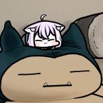  1girl :3 ahoge animal_ears blush_stickers cat_ears cat_tail character_doll chibi closed_eyes commentary_request fangs hololive jazz_jack lowres nekomata_okayu photo-referenced pokemon purple_hair snorlax solo tail virtual_youtuber 
