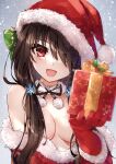  1girl :d asle bangs bare_shoulders black_hair blush bow breasts christmas christmas_present clothes_down date_a_live fur_collar gift giving gloves hair_between_eyes hair_censor hair_ornament hair_over_one_eye hand_up hat hat_bow heterochromia holding holding_gift incoming_gift long_hair looking_at_viewer low_twintails medium_breasts neck_ribbon open_mouth red_eyes revision ribbon santa_costume santa_gloves santa_hat smile snowflake_hair_ornament snowing solo tokisaki_kurumi twintails upper_body yellow_eyes 
