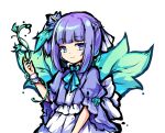 1girl akinomiya_asuka bangs blue_eyes blue_flower blue_ribbon blunt_bangs book_of_star_mythology braid closed_mouth commentary_request crown_braid dress fabritis flower hair_flower hair_ornament hair_ribbon hand_up neck_ribbon original puffy_short_sleeves puffy_sleeves purple_hair ribbon short_sleeves shrug_(clothing) simple_background smile solo tokiame_(style) touhou upper_body white_background white_dress white_ribbon wrist_cuffs 