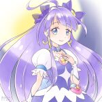  1girl choker crescent crescent_earrings cure_selene dress earrings full_moon highres iri jewelry kaguya_madoka looking_at_viewer magical_girl moon pouch precure purple_choker purple_dress purple_eyes purple_hair short_sleeves solo star_color_pen star_twinkle_precure upper_body 