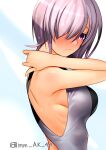  1girl ak-44 back bangs blue_background blush breasts check_commentary closed_mouth commentary commentary_request competition_swimsuit fate/grand_order fate_(series) from_side hair_over_one_eye hand_on_own_neck large_breasts looking_back mash_kyrielight one-piece_swimsuit purple_eyes purple_hair shiny shiny_hair shiny_skin signature simple_background sleeveless sweat swimsuit turning_head wet 