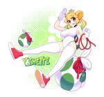  1girl :d absurdres bare_arms bare_shoulders blonde_hair blue_eyes breasts bright_pupils character_name crown fizintine gloves gradient_hair green_hair hair_bun highres large_breasts leotard looking_at_viewer mario_(series) mini_crown multicolored_hair new_super_mario_bros._u_deluxe open_mouth princess_yoshi shoes smile sneakers solo super_crown thighhighs white_gloves white_pupils white_thighhighs 