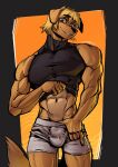  animal_genitalia anthro athletic athletic_male balls bird_dog blonde_hair bottomwear brown_eyes bulge canid canine canis clothed clothing clothing_lift domestic_dog fully_sheathed fur genitals golden_retriever hair hunting_dog inugatami kevin_(wsad) male mammal muscle_shirt muscular pinup pose retriever sheath shirt shirt_lift shorts smile solo tan_body tan_fur topwear 