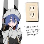  1girl :o absurdres android black_dress blue_eyes blue_hair breasts dress electrical_outlet english_commentary english_text gloves hand_to_own_mouth highres looking_to_the_side maid_headdress medium_breasts open_mouth original pea_(poopingirl) portrait solo white_gloves 