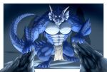  2022 2_horns 4_toes 5_fingers abs angry anthro barefoot blue_body blue_scales bottomwear clothed clothing countershading digital_media_(artwork) dracoice08 dragon ear_fins ear_frill feet fin fingers frill_(anatomy) glowing glowing_eyes horn loincloth male muscular muscular_anthro muscular_male muscular_thighs pecs pupils rock scales scalie slit_pupils smoke_from_mouth snarling solo toes topless topless_anthro topless_male valorean_(krankheit-lan) white_body white_scales yellow_eyes yellow_glow 