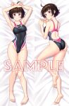  1girl armpits arms_up ass back back_focus bangs bare_legs barefoot bed_sheet black_one-piece_swimsuit black_swimsuit blunt_bangs blush breasts commentary_request competition_swimsuit dakimakura_(medium) feet full_body highleg highleg_swimsuit kuri_(kurigohan) looking_at_viewer lying medium_breasts multiple_views on_back on_stomach one-piece_swimsuit original presenting_armpit red_eyes sample_watermark short_hair smile solo swimsuit 
