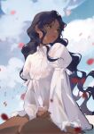  1girl absurdres closed_mouth cloud collared_shirt dark-skinned_female dark_skin dlgeria facial_mark falling_petals forehead_mark green_eyes highres himemiya_anthy long_hair long_sleeves looking_away outdoors petals puffy_sleeves purple_hair shirt shoujo_kakumei_utena sky solo white_shirt 