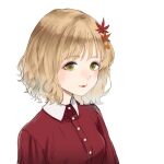  1girl aki_shizuha autumn_leaves blonde_hair blush breasts hair_ornament leaf leaf_hair_ornament light_smile looking_at_viewer maple_leaf medium_breasts nagata_nagato red_shirt shirt short_hair simple_background solo touhou upper_body white_background yellow_eyes 