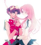  2girls closed_eyes crown dark-skinned_female dark_skin dress glasses himemiya_anthy holding holding_another&#039;s_hair long_hair multiple_girls pink_hair purple_hair red_dress school_uniform short_hair shoujo_kakumei_utena simple_background tenjou_utena white_background white_dress wrist_cuffs xia 