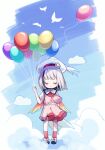  1girl akinomiya_asuka balloon bangs black_hair blue_sky chibi closed_eyes closed_mouth cloud collared_shirt commentary_request hat highres holding holding_balloon hollow_song_of_birds multicolored_hair original pink_shorts pink_vest rainbow_wings red_socks shirt shoes short_hair short_sleeves shorts sky socks solo streaked_hair torisumi_horou touhou vest white_footwear white_hair white_headwear white_shirt winged_hat wings 