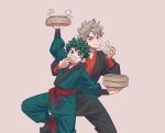  2boys adapted_costume alternate_costume arm_up bakugou_katsuki bamboo_steamer black_pants blonde_hair boku_no_hero_academia closed_mouth commentary_request dumpling eating food freckles green_eyes green_hair green_pants highres holding holding_food korean_commentary long_sleeves looking_at_viewer looking_up male_focus midoriya_izuku multiple_boys nimon pants pink_background red_eyes short_hair simple_background spiked_hair standing standing_on_one_leg steam 