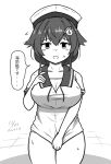  1girl breasts clothes_pull commentary_request cosplay curse_(023) dress dress_pull greyscale hair_flaps hair_ornament hairclip hat hiburi_(kancolle) hiburi_(kancolle)_(cosplay) jingei_(kancolle) kantai_collection large_breasts long_hair looking_at_viewer monochrome oversized_object sailor_collar sailor_dress sailor_hat short_sleeves solo translation_request whale_hair_ornament 