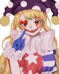  1girl blonde_hair blue_gloves clown clownpiece facepaint gloves hat highres jester_cap long_hair looking_at_viewer neck_ruff pointing pointing_at_self polka_dot_headwear purple_headwear red_eyes simple_background solo star_(symbol) tongue touhou upper_body white_background yagisan1578 