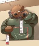  2022 anthro bear black_nose blush brown_body clothing hi_res hon55728 kemono male mammal one_eye_closed overweight overweight_male solo sweater topwear wink 