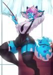  anthro blue_body blue_fur clothed clothing digital_media_(artwork) etivka eyewear female fur glasses hair hi_res looking_at_viewer open_mouth pawpads pink_eyes pink_hair smile solo teacher 