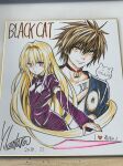  1boy 1girl 1other artist_name black_cat_(series) blonde_hair brown_hair cat closed_mouth copyright_name eve_(black_cat) highres long_hair looking_at_viewer looking_to_the_side purple_eyes simple_background tattoo train_heartnet white_background white_cat yabuki_kentarou yellow_eyes 