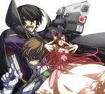  1girl 2boys black_hair brown_hair cloak code_geass dress euphemia_li_britannia female green_eyes gun happy honmaguro_(ran) kururugi_suzaku lelouch_lamperouge long_hair maguro_(pixiv322244) male military military_uniform mind_control multiple_boys open_mouth pink_hair purple_eyes red_eyes short_hair uniform weapon 