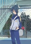  1boy blue_hair chain-link_fence fence hair_over_one_eye inazuma_eleven inazuma_eleven_(series) jacket k_(artist) kaimuari kazemaru_ichirouta long_hair male male_focus pants solo sports_uniform sportswear trap wind wire_fence 