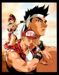  1girl 2boys 90s baseball_cap blonde_hair breasts brown_hair cap cleavage dark_skin fan fatal_fury female garou_densetsu hat highres joe_higashi king_of_fighters man masami_obari mound_of_venus multiple_boys muscle neo_geo oobari_masami ponytail shiranui_mai side_boob sideboob sign smile snk terry_bogard 