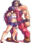  1boy 1girl bare_legs biker_cap black_hair capcom challanging_pose challenging_pose cuffs cutoffs denim denim_shorts final_fight hair_over_one_eye hand_on_hip handcuffs high_heels hugo_andore long_hair midriff muscle pink_hair pointing pointing_at_viewer poison poison_(final_fight) shorts simple_background tank_top very_long_hair white_background 