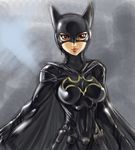  1girl batgirl batman_(series) bodysuit cape cassandra_cain dc_comics female latex mask red_eyes skin_tight solo ueyama_michirou 