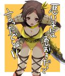  armor big_breasts breasts brown_eyes brown_hair cleavage dagger female hair_ornament hands_on_hips komekei kunai large_breasts leotard nene open_mouth sengoku_musou sengoku_musou_3 short_hair solo weapon 