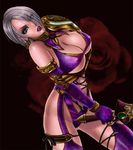  armor boots breasts cleavage elbow_gloves eyeshadow female flower gauntlet gauntlets gloves gold_armor green_eyes head_tilt huge_breasts isabella_valentine ivy laceups large_breasts lipstick makeup mature namco nipples short_hair solo soul_calibur soul_calibur_iv soulcalibur_iv sword thigh_boots thighhighs weapon white_hair 