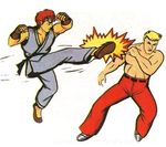  80s battle capcom fight fighting joe karate kick kicking male male_focus man official_art oldschool ryu ryuu_(street_fighter) shirtless street_fighter street_fighter_1 tatsumaki_senpukyaku yasuda_akira 