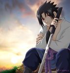  black_hair lowres male_focus mutsumix naruto nature outdoors red_eyes sky solo sword uchiha_sasuke weapon 