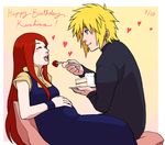  blond_hair blonde_hair blue_eyes cake couple food myotishi namikaze_minato naruto naruto_shippuuden pregnant red_hair uzumaki_kushina whmkitty 