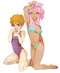  armpit armpits bikini blue_eyes brown_hair dark-skinned_female dark_skin dark_skinned_female genderswap goggles inazuma_eleven inazuma_eleven_(series) pink_hair pose short_hair swimsuit tachimukai_yuuki tsunami_jousuke 