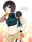  ao_tung belt black_hair blue_eyes breasts elbow_gloves female final_fantasy final_fantasy_vii fingerless_gloves gloves headband highres midriff nail_polish short_hair shorts shoulder_pads solo tank_top tanktop wink yuffie_kisaragi 