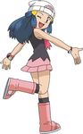  blue_hair dress female full_body hikari_(pokemon) legs long_hair miniskirt nintendo pokemon short_dress simple_background skirt smile solo thighs white_background wink 