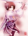  black_eyes black_hair gradient gradient_background lowres male_focus mutsumix naruto solo sword uchiha_sasuke weapon 
