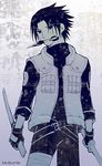 black_eyes black_hair kunai lowres male_focus monochrome mutsumix naruto solo uchiha_sasuke weapon 