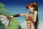  90s anime brown_hair cap cleavage fan fatal_fury garou_densetsu king_of_fighters masami_obari ova ribbon shiranui_mai side_boob wink 